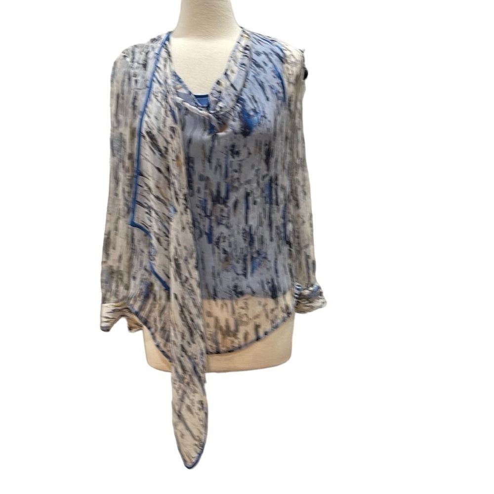 PORTS 1961 Watercolor Print Silk Chiffon Asymmetric Cowl Neck Scarf Top SZ 4